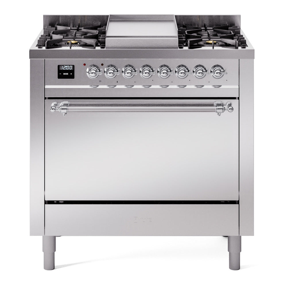 Ilve UP36FQNMPSSC Nostalgie Ii 36 Inch Dual Fuel Natural Gas Freestanding Range In Stainless Steel With Chrome Trim