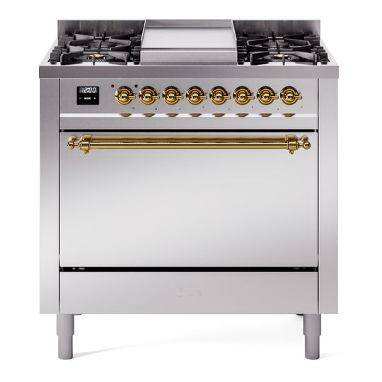 Ilve UP36FQNMPSSGLP Nostalgie Ii 36 Inch Dual Fuel Liquid Propane Freestanding Range In Stainless Steel With Brass Trim