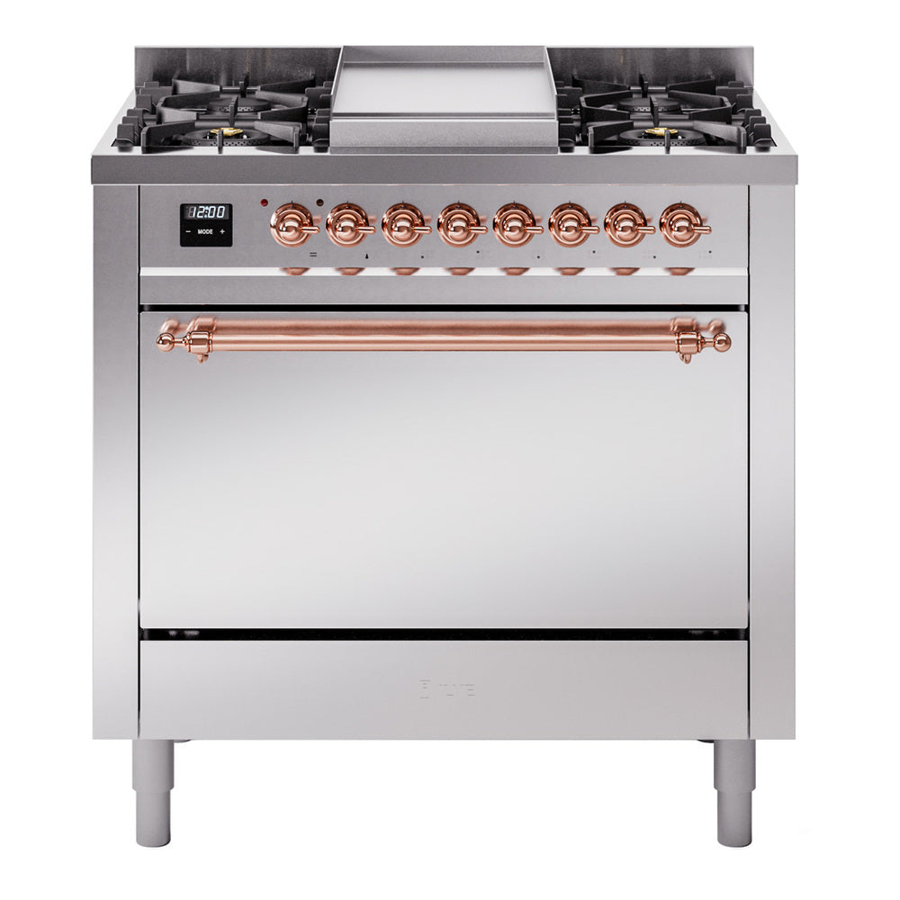 Ilve UP36FQNMPSSP Nostalgie Ii 36 Inch Dual Fuel Natural Gas Freestanding Range In Stainless Steel With Copper Trim
