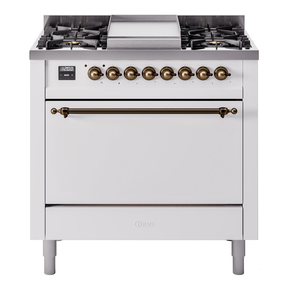 Ilve UP36FQNMPWHB Nostalgie Ii 36 Inch Dual Fuel Natural Gas Freestanding Range In White With Bronze Trim
