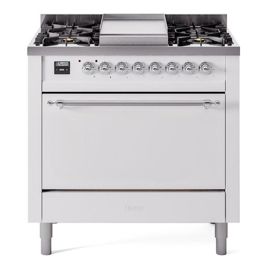 Ilve UP36FQNMPWHCLP Nostalgie Ii 36 Inch Dual Fuel Liquid Propane Freestanding Range In White With Chrome Trim