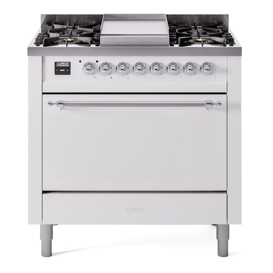 Ilve UP36FQNMPWHCLP Nostalgie Ii 36 Inch Dual Fuel Liquid Propane Freestanding Range In White With Chrome Trim