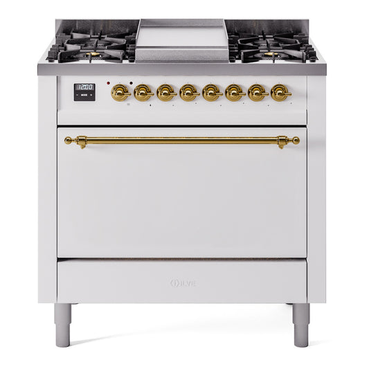 Ilve UP36FQNMPWHPLP Nostalgie Ii 36 Inch Dual Fuel Liquid Propane Freestanding Range In White With Copper Trim