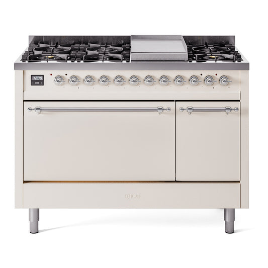 Ilve UP48FQNMPAWCLP Nostalgie Ii 48 Inch Dual Fuel Liquid Propane Freestanding Range In Antique White With Chrome Trim