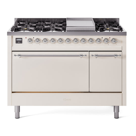 Ilve UP48FQNMPAWCLP Nostalgie Ii 48 Inch Dual Fuel Liquid Propane Freestanding Range In Antique White With Chrome Trim