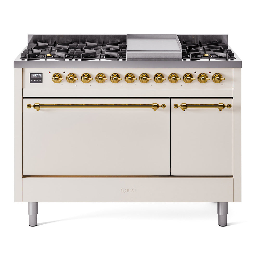 Ilve UP48FQNMPAWGLP Nostalgie Ii 48 Inch Dual Fuel Liquid Propane Freestanding Range In Antique White With Brass Trim