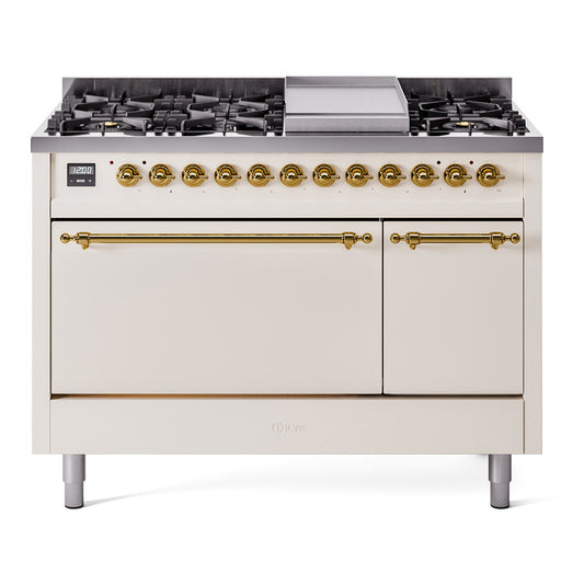 Ilve UP48FQNMPAWGLP Nostalgie Ii 48 Inch Dual Fuel Liquid Propane Freestanding Range In Antique White With Brass Trim