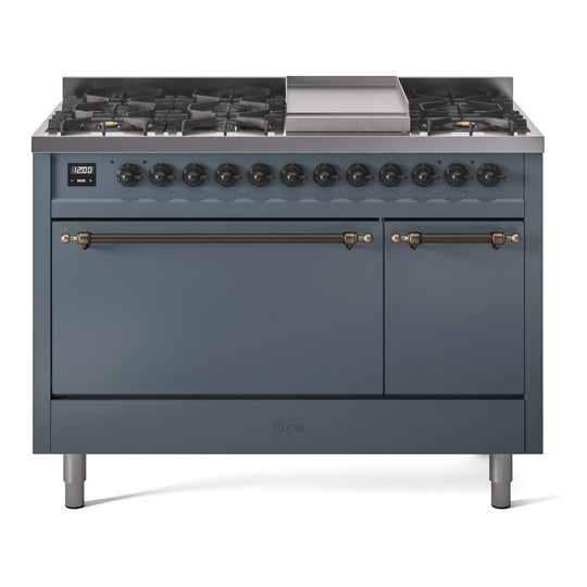 Ilve UP48FQNMPBGBLP Nostalgie Ii 48 Inch Dual Fuel Liquid Propane Freestanding Range In Blue Grey With Bronze Trim