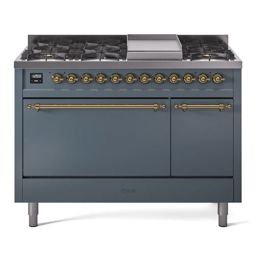 Ilve UP48FQNMPBGG Nostalgie Ii 48 Inch Dual Fuel Natural Gas Freestanding Range In Blue Grey With Brass Trim