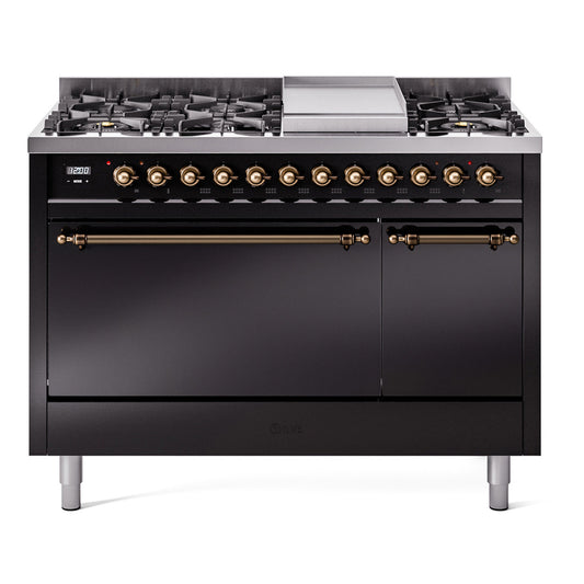 Ilve UP48FQNMPBKBLP Nostalgie Ii 48 Inch Dual Fuel Liquid Propane Freestanding Range In Glossy Black With Bronze Trim
