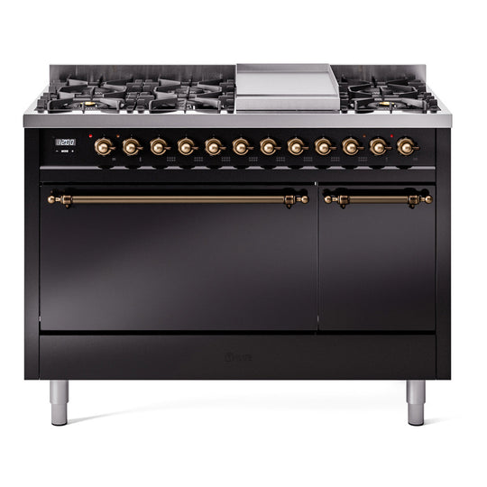 Ilve UP48FQNMPBKBLP Nostalgie Ii 48 Inch Dual Fuel Liquid Propane Freestanding Range In Glossy Black With Bronze Trim