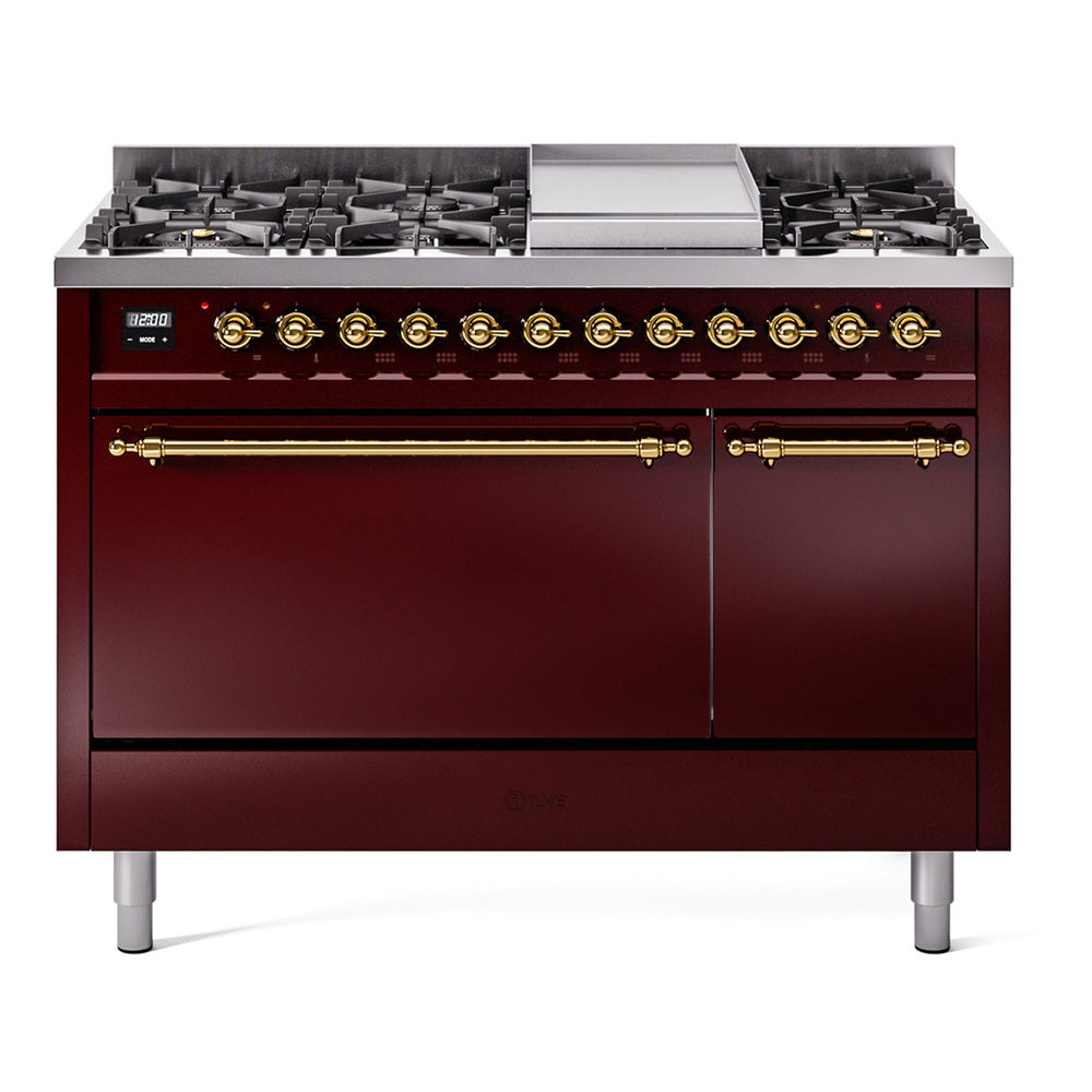 Ilve UP48FQNMPBUG Nostalgie Ii 48 Inch Dual Fuel Natural Gas Freestanding Range In Burgundy With Brass Trim