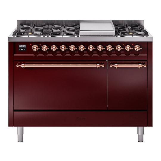 Ilve UP48FQNMPBUPLP Nostalgie Ii 48 Inch Dual Fuel Liquid Propane Freestanding Range In Burgundy With Copper Trim
