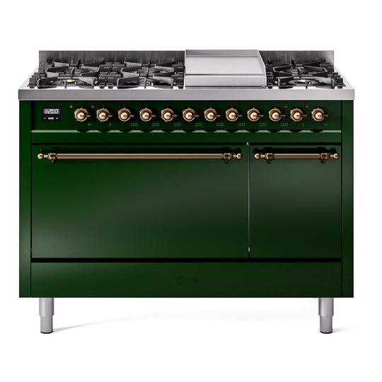 Ilve UP48FQNMPEGBLP Nostalgie Ii 48 Inch Dual Fuel Liquid Propane Freestanding Range In Emerald Green With Bronze Trim