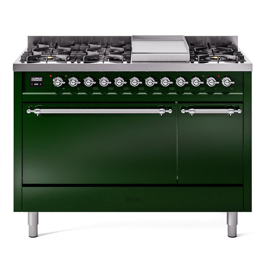 Ilve UP48FQNMPEGCLP Nostalgie Ii 48 Inch Dual Fuel Liquid Propane Freestanding Range In Emerald Green With Chrome Trim