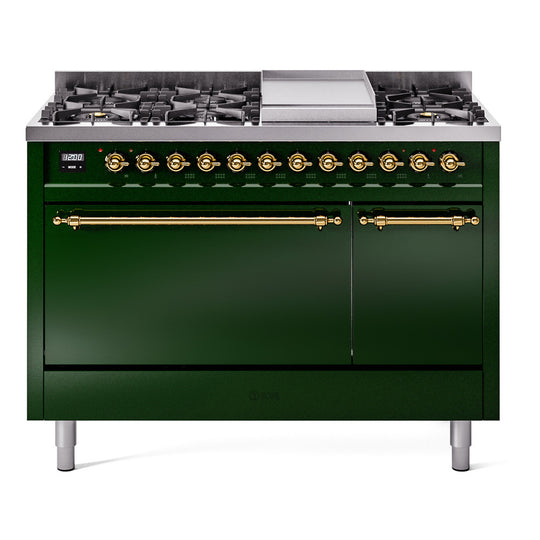 Ilve UP48FQNMPEGGLP Nostalgie Ii 48 Inch Dual Fuel Liquid Propane Freestanding Range In Emerald Green With Brass Trim