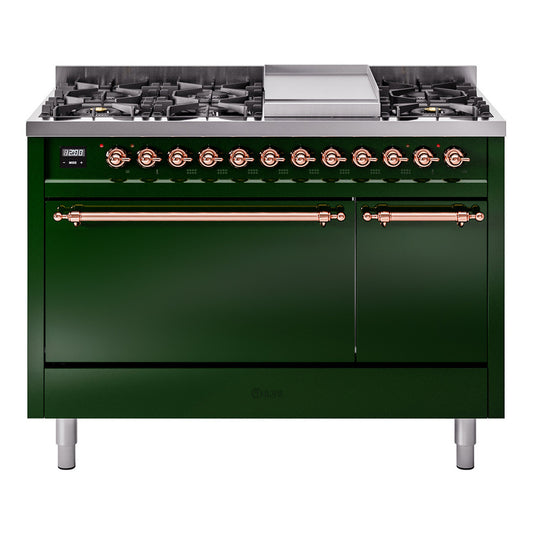 Ilve UP48FQNMPEGPLP Nostalgie Ii 48 Inch Dual Fuel Liquid Propane Freestanding Range In Emerald Green With Copper Trim