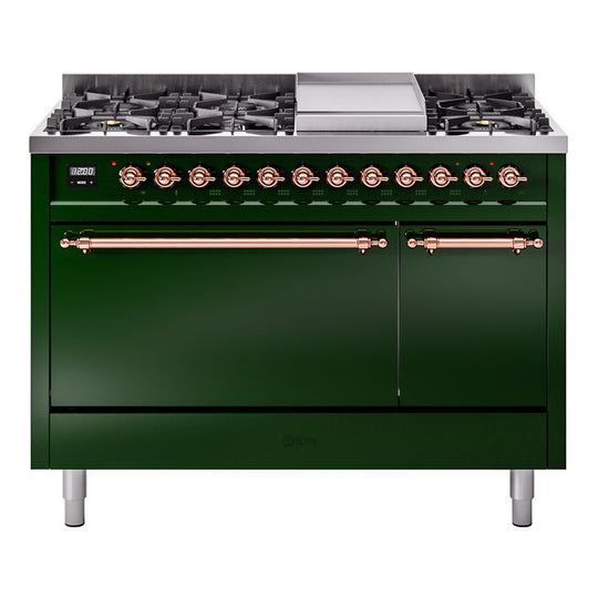 Ilve UP48FQNMPEGPLP Nostalgie Ii 48 Inch Dual Fuel Liquid Propane Freestanding Range In Emerald Green With Copper Trim