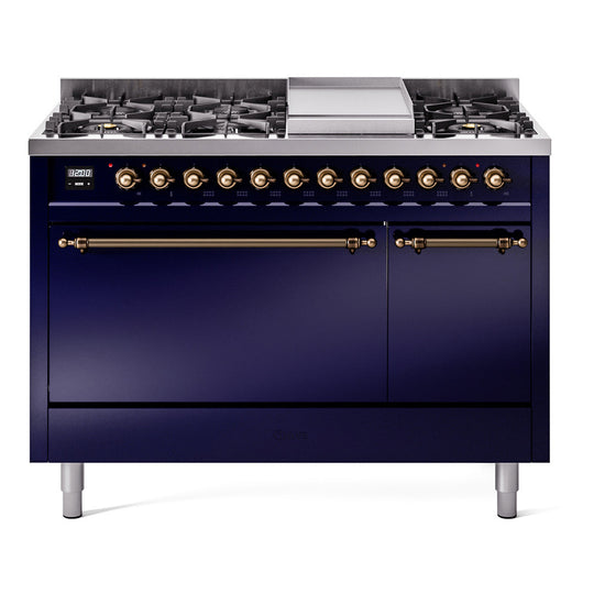 Ilve UP48FQNMPMBBLP Nostalgie Ii 48 Inch Dual Fuel Liquid Propane Freestanding Range In Blue With Bronze Trim