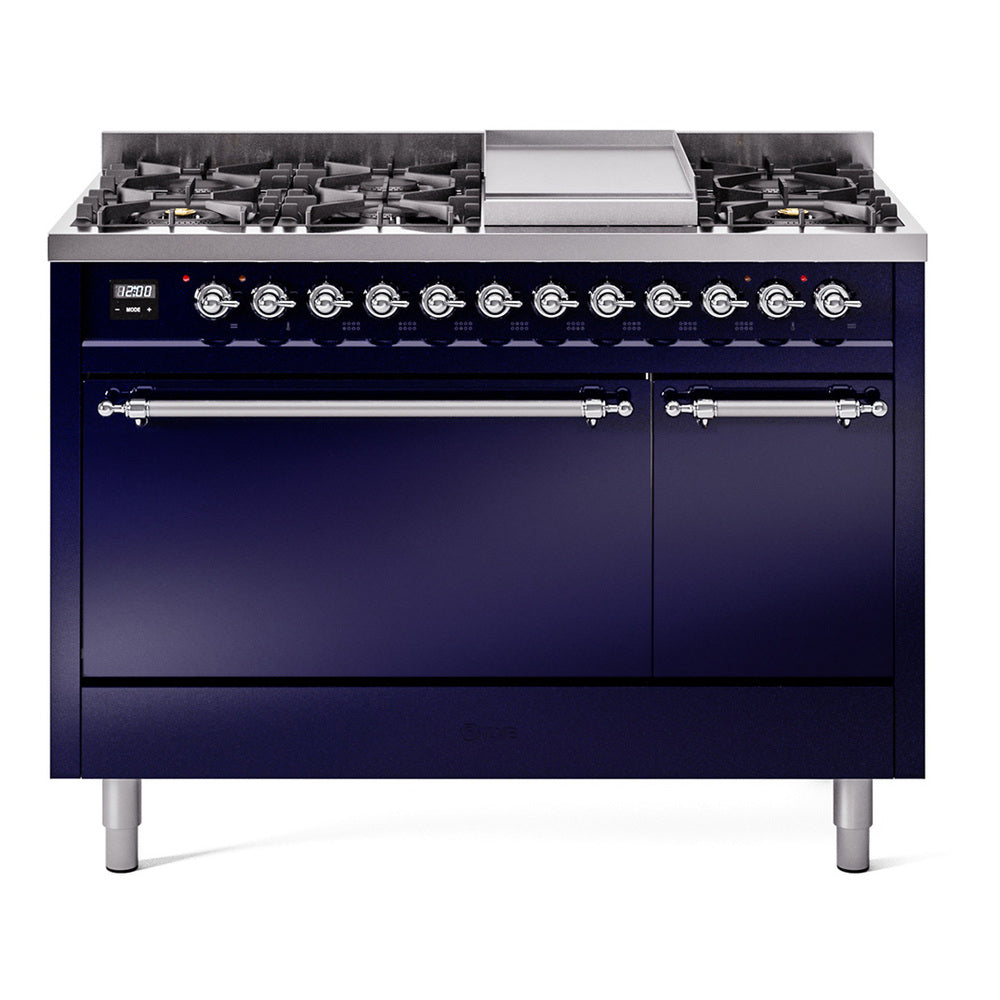 Ilve UP48FQNMPMBCLP Nostalgie Ii 48 Inch Dual Fuel Liquid Propane Freestanding Range In Blue With Chrome Trim