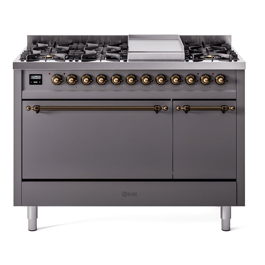 Ilve UP48FQNMPMGBLP Nostalgie Ii 48 Inch Dual Fuel Liquid Propane Freestanding Range In Matte Graphite With Bronze Trim