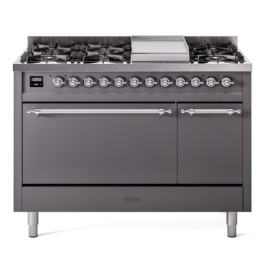 Ilve UP48FQNMPMGCLP Nostalgie Ii 48 Inch Dual Fuel Liquid Propane Freestanding Range In Matte Graphite With Chrome Trim