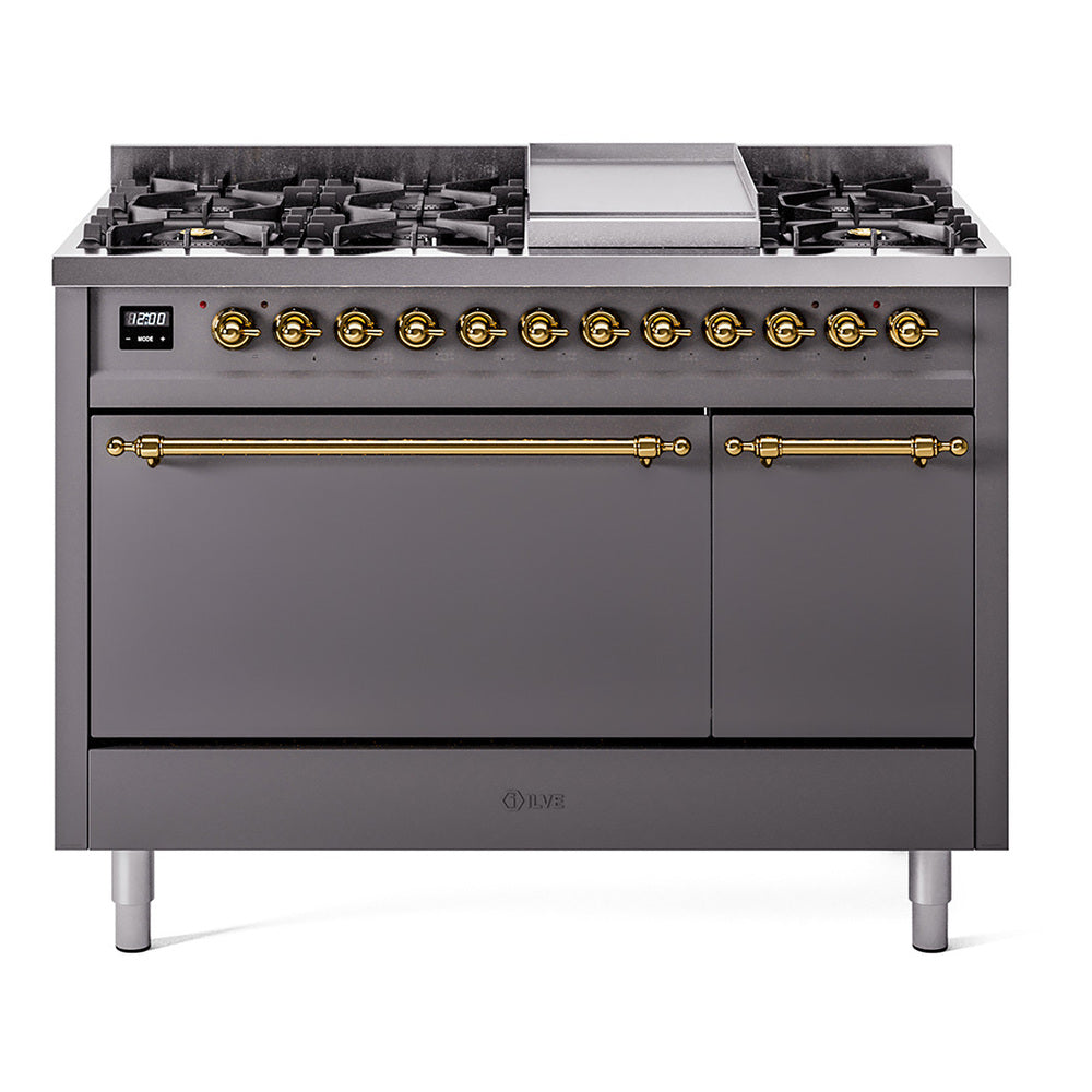 Ilve UP48FQNMPMGGLP Nostalgie Ii 48 Inch Dual Fuel Liquid Propane Freestanding Range In Matte Graphite With Brass Trim