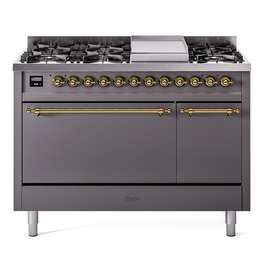 Ilve UP48FQNMPMGGLP Nostalgie Ii 48 Inch Dual Fuel Liquid Propane Freestanding Range In Matte Graphite With Brass Trim