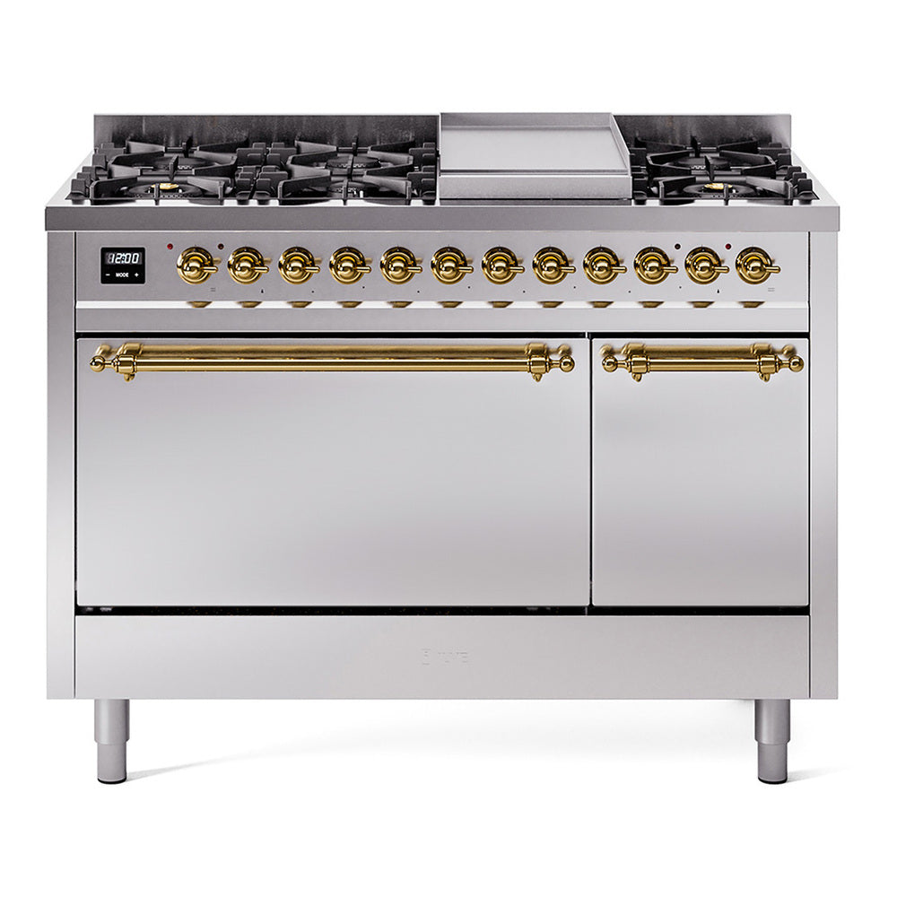 Ilve UP48FQNMPSSG Nostalgie Ii 48 Inch Dual Fuel Natural Gas Freestanding Range In Stainless Steel With Brass Trim