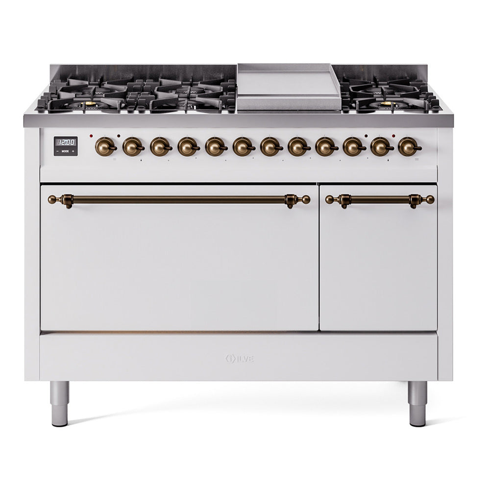 Ilve UP48FQNMPWHBLP Nostalgie Ii 48 Inch Dual Fuel Liquid Propane Freestanding Range In White With Bronze Trim