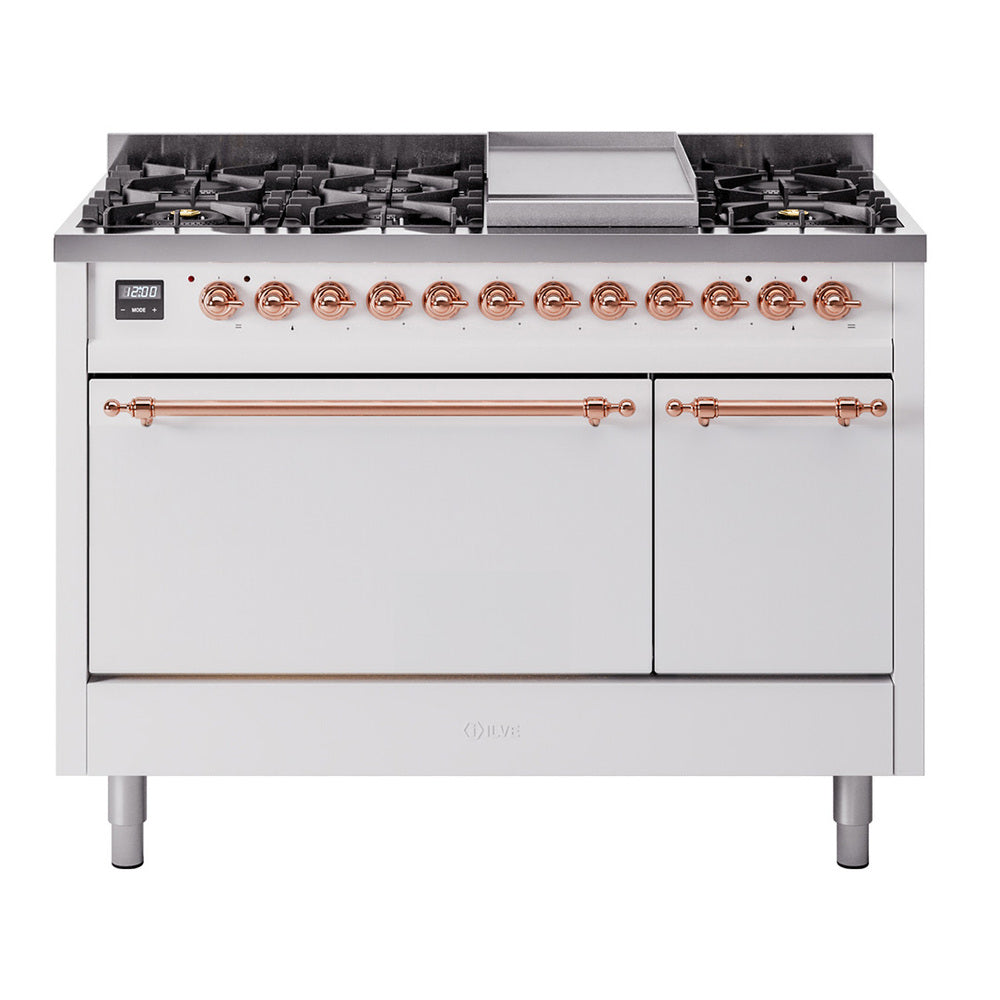 Ilve UP48FQNMPWHP Nostalgie Ii 48 Inch Dual Fuel Natural Gas Freestanding Range In White With Copper Trim
