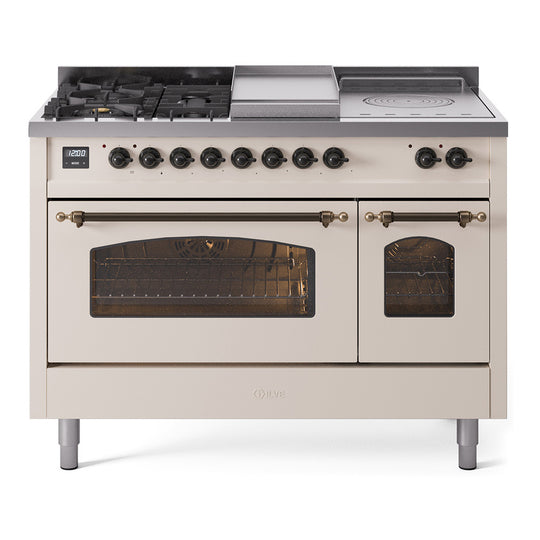 Ilve UP48FSNMPAWBLP Nostalgie Ii 48 Inch Dual Fuel Liquid Propane Freestanding Range In Antique White With Bronze Trim