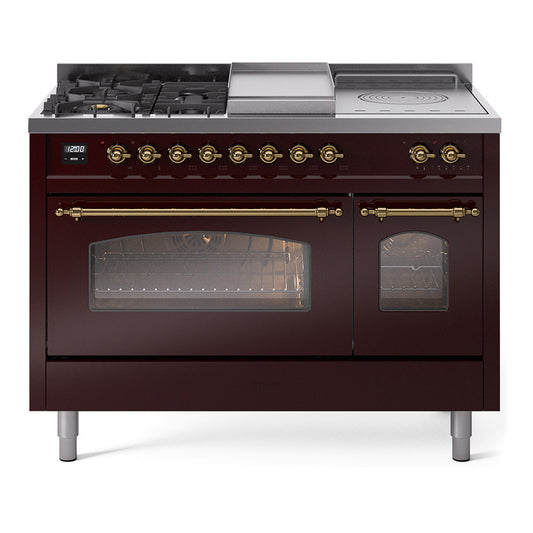 Ilve UP48FSNMPBUGLP Nostalgie Ii 48 Inch Dual Fuel Liquid Propane Freestanding Range In Burgundy With Brass Trim