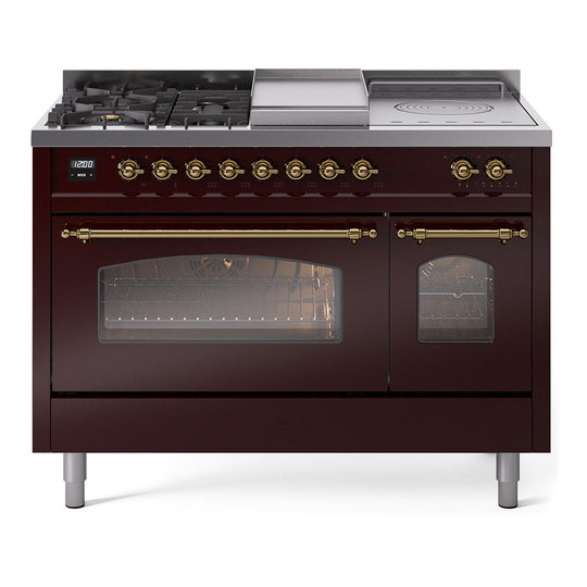 Ilve UP48FSNMPBUGLP Nostalgie Ii 48 Inch Dual Fuel Liquid Propane Freestanding Range In Burgundy With Brass Trim