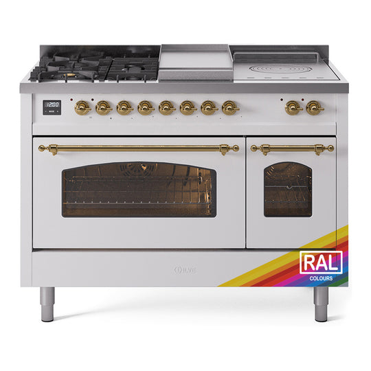 Ilve UP48FSNMPRAGLP Nostalgie Ii 48 Inch Dual Fuel Liquid Propane Freestanding Range In Ral Custom Color With Brass Trim