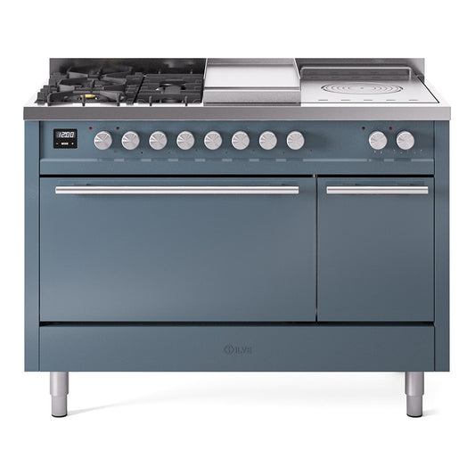 Ilve UP48FSQMPBGLP Professional Plus Ii 48 Inch Dual Fuel Liquid Propane Freestanding Range In Blue Grey With Trim