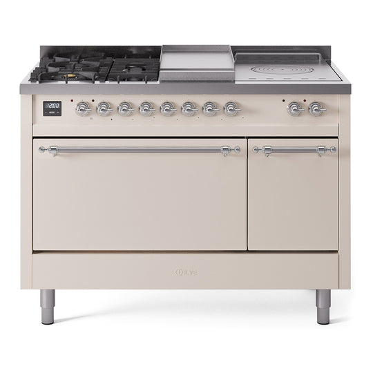 Ilve UP48FSQNMPAWCLP Nostalgie Ii 48 Inch Dual Fuel Liquid Propane Freestanding Range In Antique White With Chrome Trim