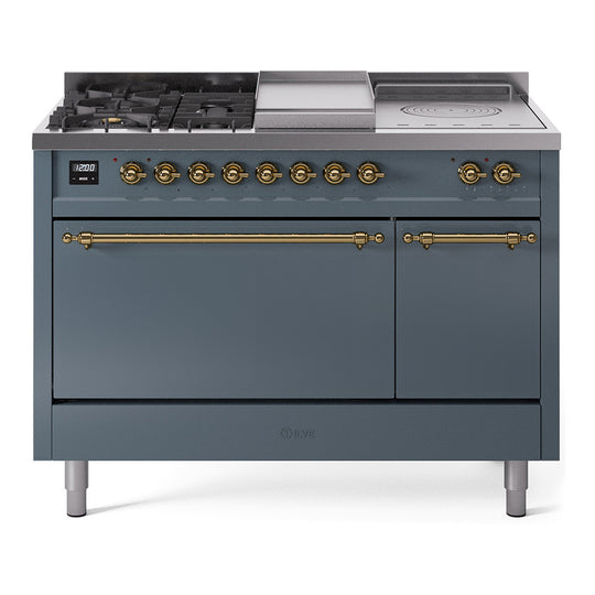 Ilve UP48FSQNMPBGGLP Nostalgie Ii 48 Inch Dual Fuel Liquid Propane Freestanding Range In Blue Grey With Brass Trim