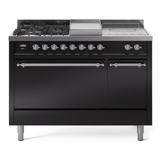 Ilve UP48FSQNMPBKCLP Nostalgie Ii 48 Inch Dual Fuel Liquid Propane Freestanding Range In Glossy Black With Chrome Trim
