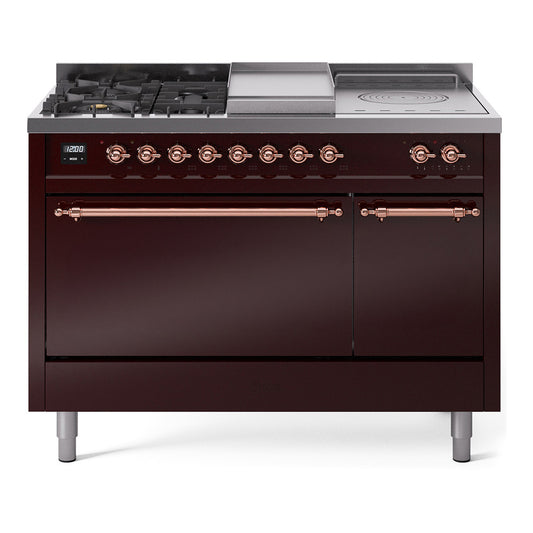 Ilve UP48FSQNMPBUPLP Nostalgie Ii 48 Inch Dual Fuel Liquid Propane Freestanding Range In Burgundy With Copper Trim