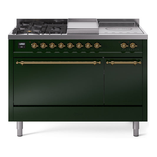Ilve UP48FSQNMPEGGLP Nostalgie Ii 48 Inch Dual Fuel Liquid Propane Freestanding Range In Emerald Green With Brass Trim