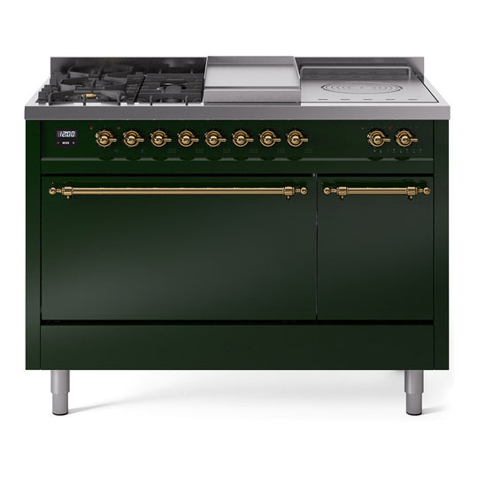 Ilve UP48FSQNMPEGGLP Nostalgie Ii 48 Inch Dual Fuel Liquid Propane Freestanding Range In Emerald Green With Brass Trim
