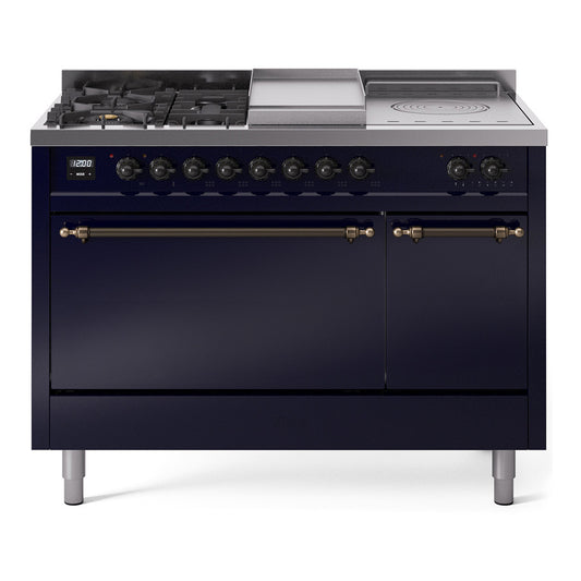Ilve UP48FSQNMPMBBLP Nostalgie Ii 48 Inch Dual Fuel Liquid Propane Freestanding Range In Blue With Bronze Trim