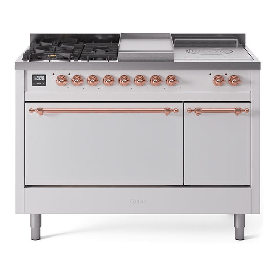 Ilve UP48FSQNMPWHPLP Nostalgie Ii 48 Inch Dual Fuel Liquid Propane Freestanding Range In White With Copper Trim