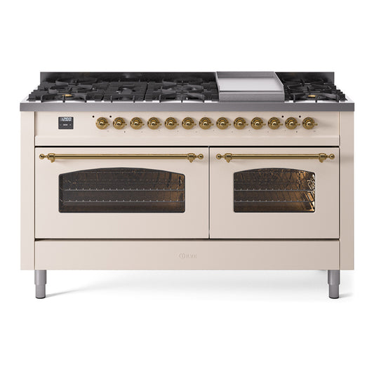 Ilve UP60FNMPAWGLP Nostalgie Ii 60 Inch Dual Fuel Liquid Propane Freestanding Range In Antique White With Brass Trim
