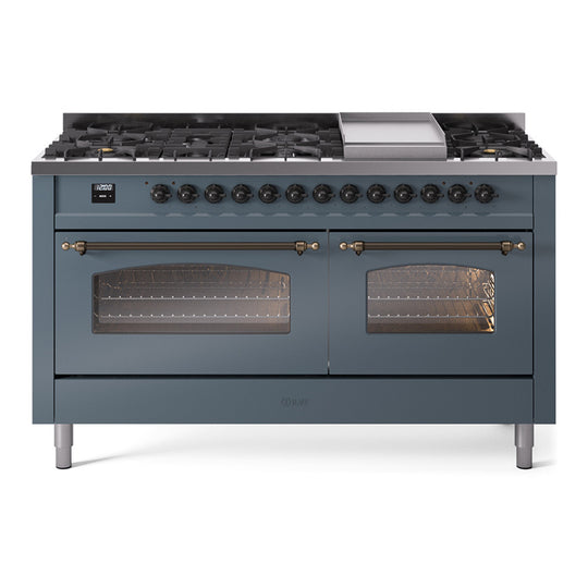 Ilve UP60FNMPBGBLP Nostalgie Ii 60 Inch Dual Fuel Liquid Propane Freestanding Range In Blue Grey With Bronze Trim