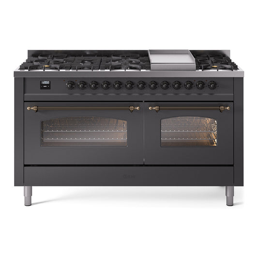 Ilve UP60FNMPMGB Nostalgie Ii 60 Inch Dual Fuel Natural Gas Freestanding Range In Matte Graphite With Bronze Trim