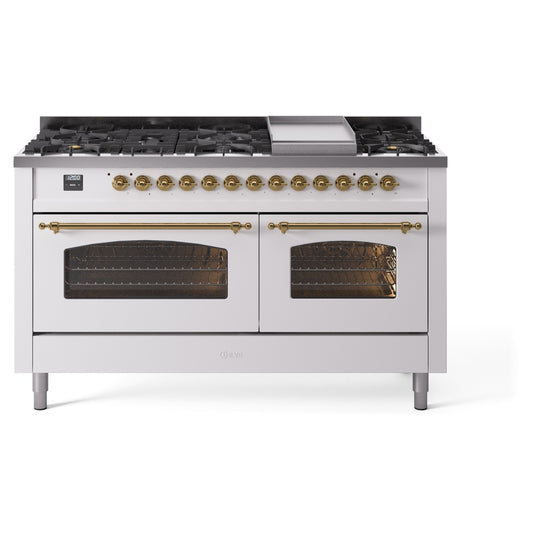 Ilve UP60FNMPWHGLP Nostalgie Ii 60 Inch Dual Fuel Liquid Propane Freestanding Range In White With Brass Trim