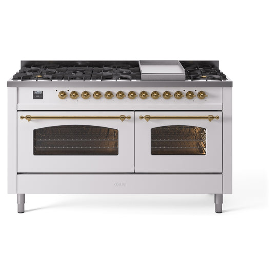 Ilve UP60FNMPWHGLP Nostalgie Ii 60 Inch Dual Fuel Liquid Propane Freestanding Range In White With Brass Trim