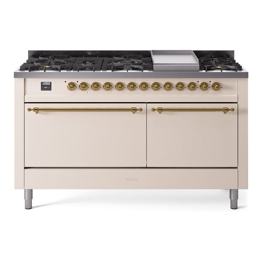 Ilve UP60FQNMPAWGLP Nostalgie Ii 60 Inch Dual Fuel Liquid Propane Freestanding Range In Antique White With Brass Trim